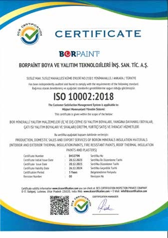 BORPAINT ISO 10002:2018 certificate